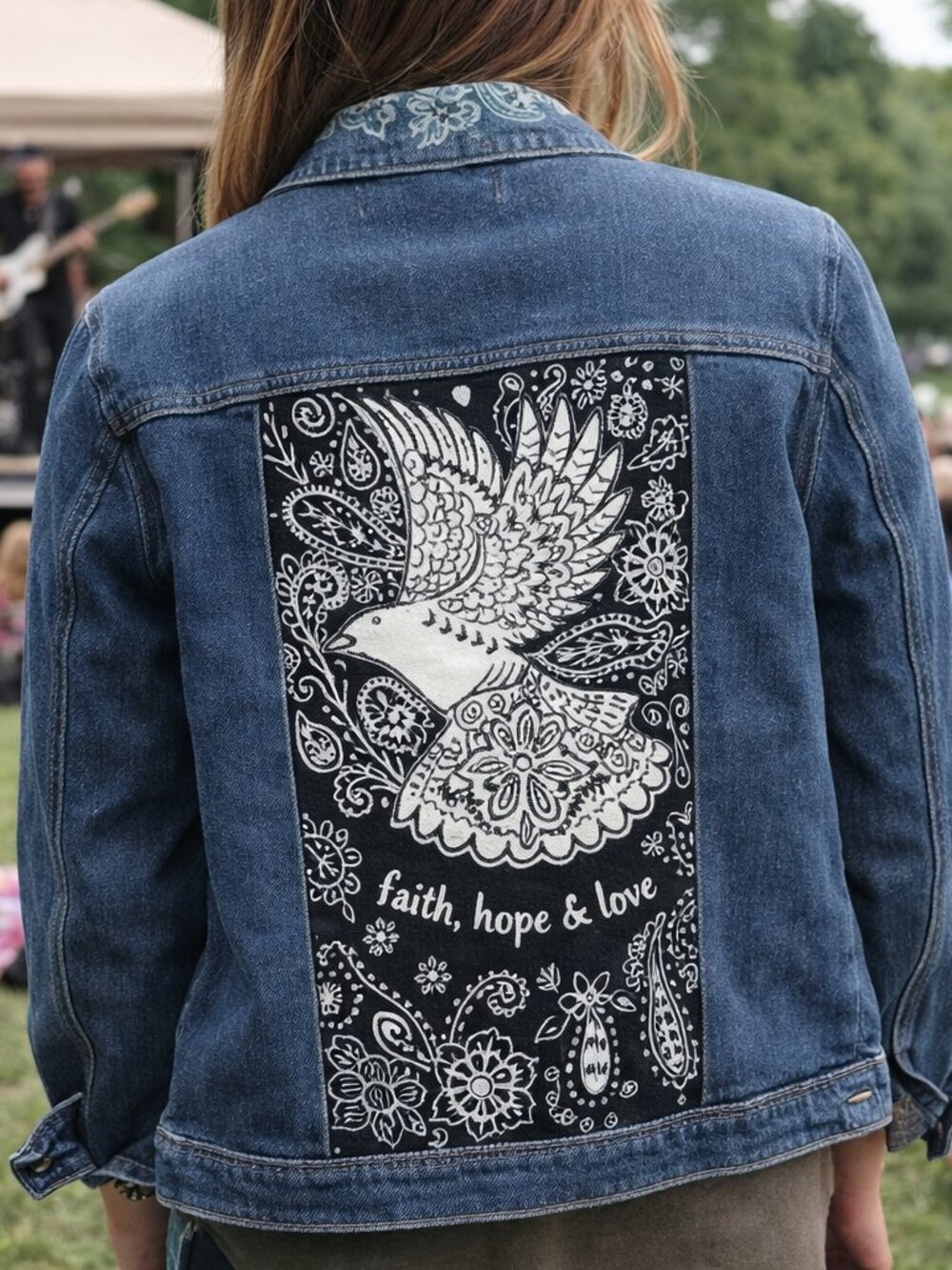 Hand Painted Denim Jacket with Embroidered Design - Picture 1 of 12